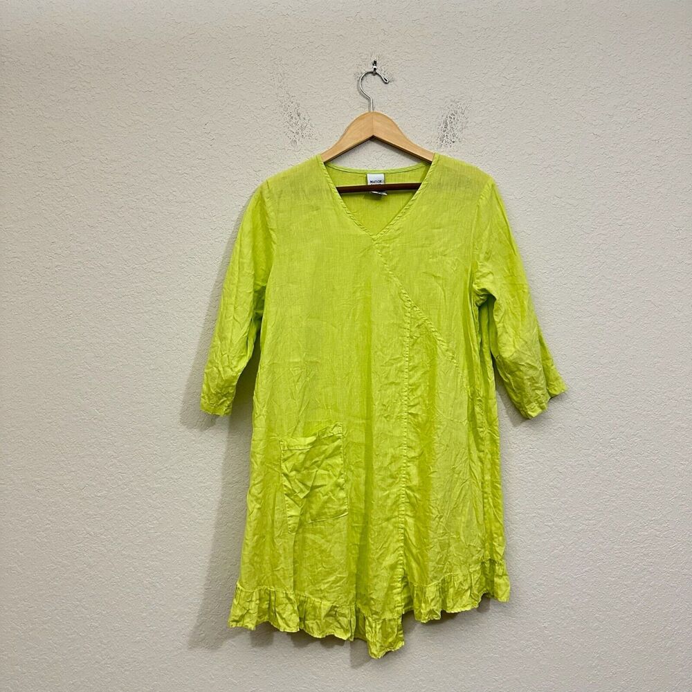 MATCH POINT Pre-Shrunk Linen Asymmetric Tunic Dress w Pocket in Lime Green